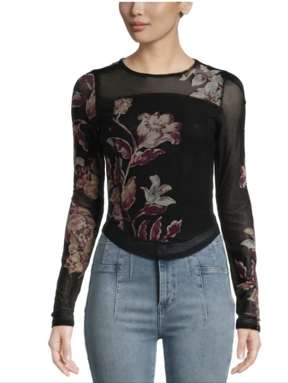 Free People Bettys Garden Long Sleeve Floral Stretchy Mesh Top Size Medium